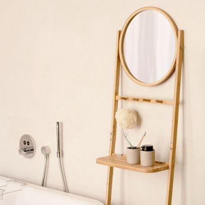 Wall Rack Bamboo with Round Mirror